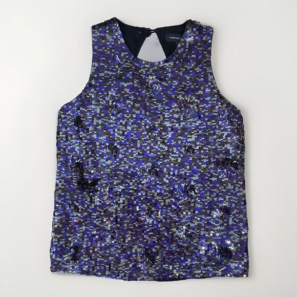 FRENCH CONNECTION Women 2 Holiday Top Sequin Flowerette Sleeveless Party Sparkle - Picture 1 of 13